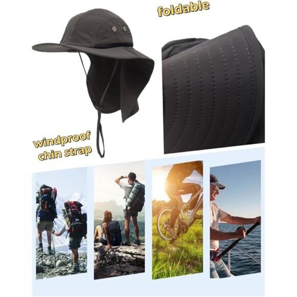 Mens Mesh Flap Sun Hat UPF50+ Wide Brim Breathable Outdoor Fishing Cap - Picture 5 of 6